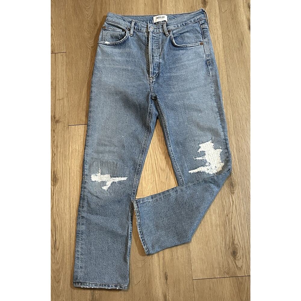 Agolde Women's Riley High Rise Straight Crop Blue Denim Jeans Button Fly-Size 26